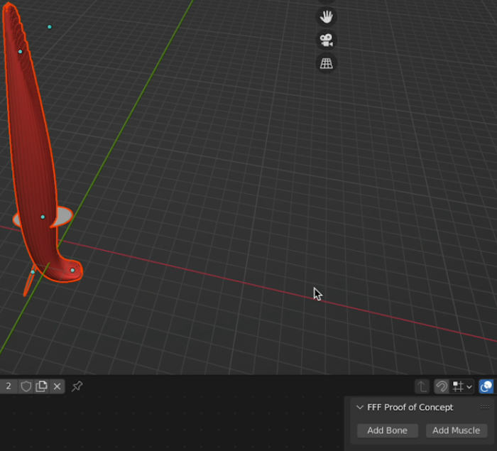 We can also add custom buttons to Blender’s UI. In an experimental development branch, here is a working custom UI panel by Videah, which allows you to dynamically add a bone or a muscle to the model.